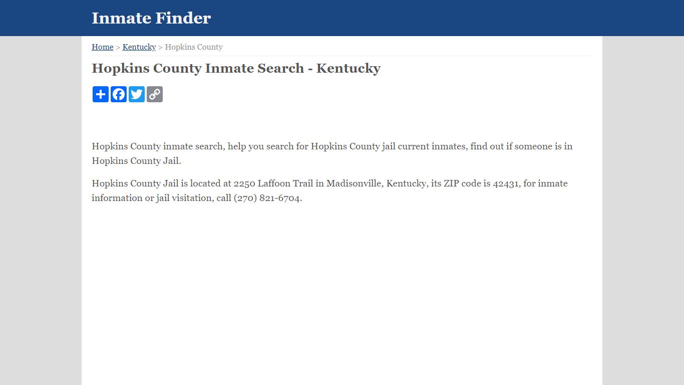 Hopkins County Inmate Search - Kentucky - InmateFinder.org